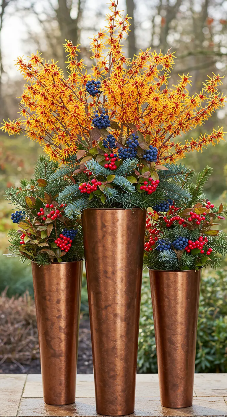 Three tall copper planters with yellow Witch Hazel flowers and colorful berries.