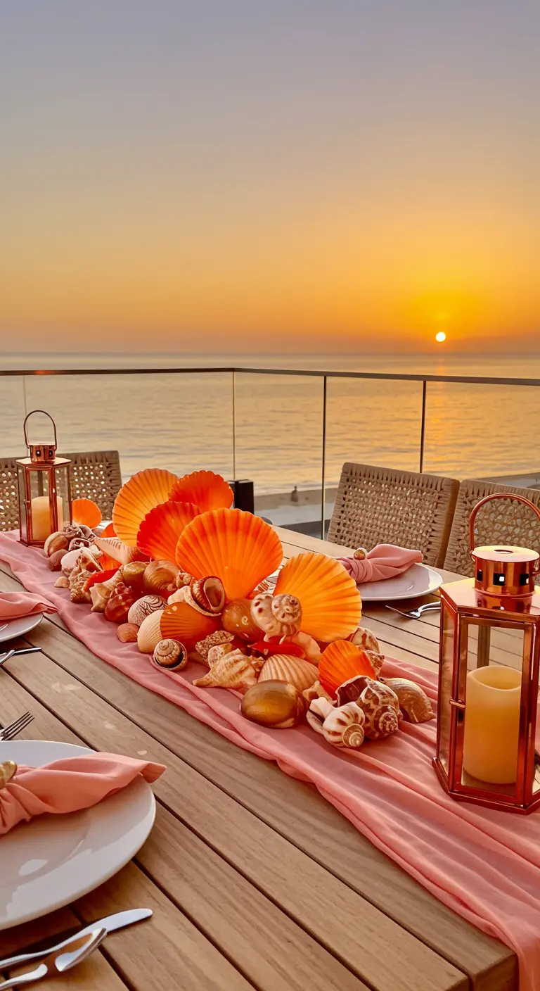 Table set for a sunset dinner with a pink runner, rose gold lanterns, and scallop shells.