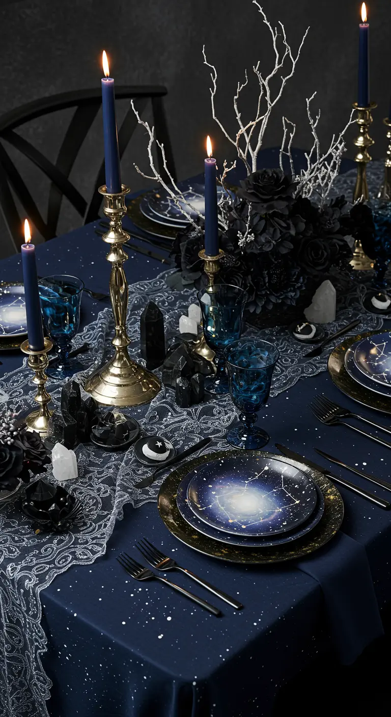 A celestial-themed table with constellation plates, blue candles, and scattered crystals.