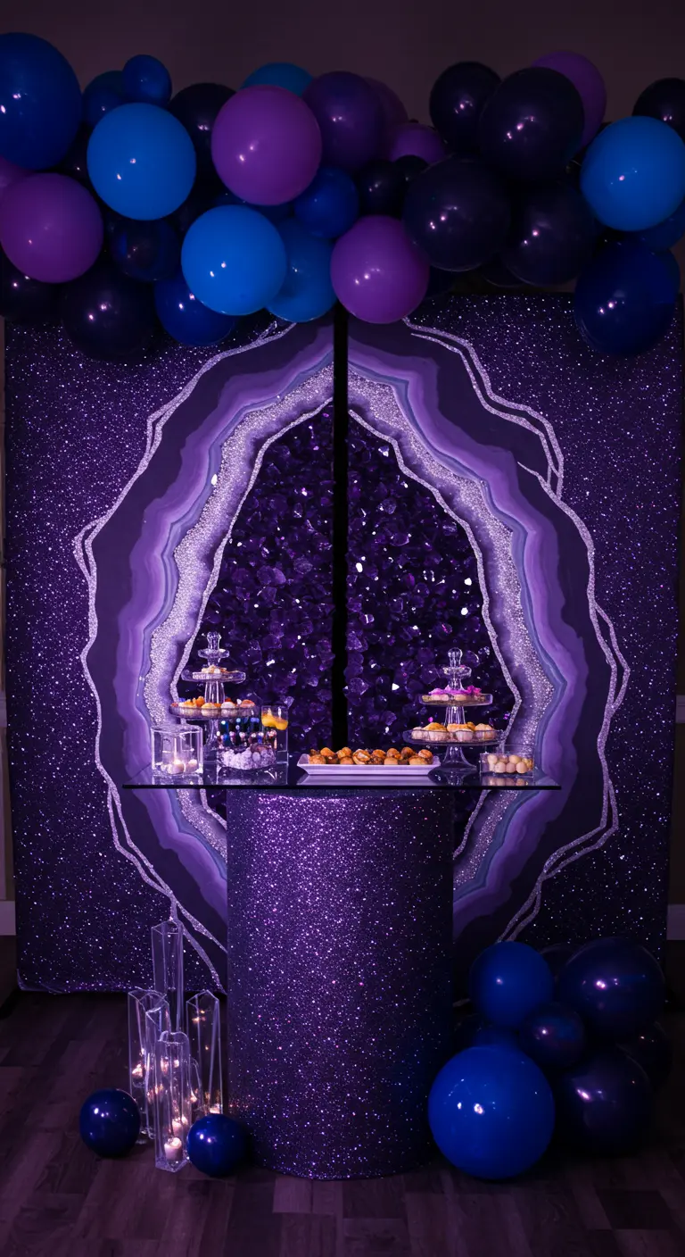 A giant purple glitter geode backdrop framed by dark blue and purple balloons.