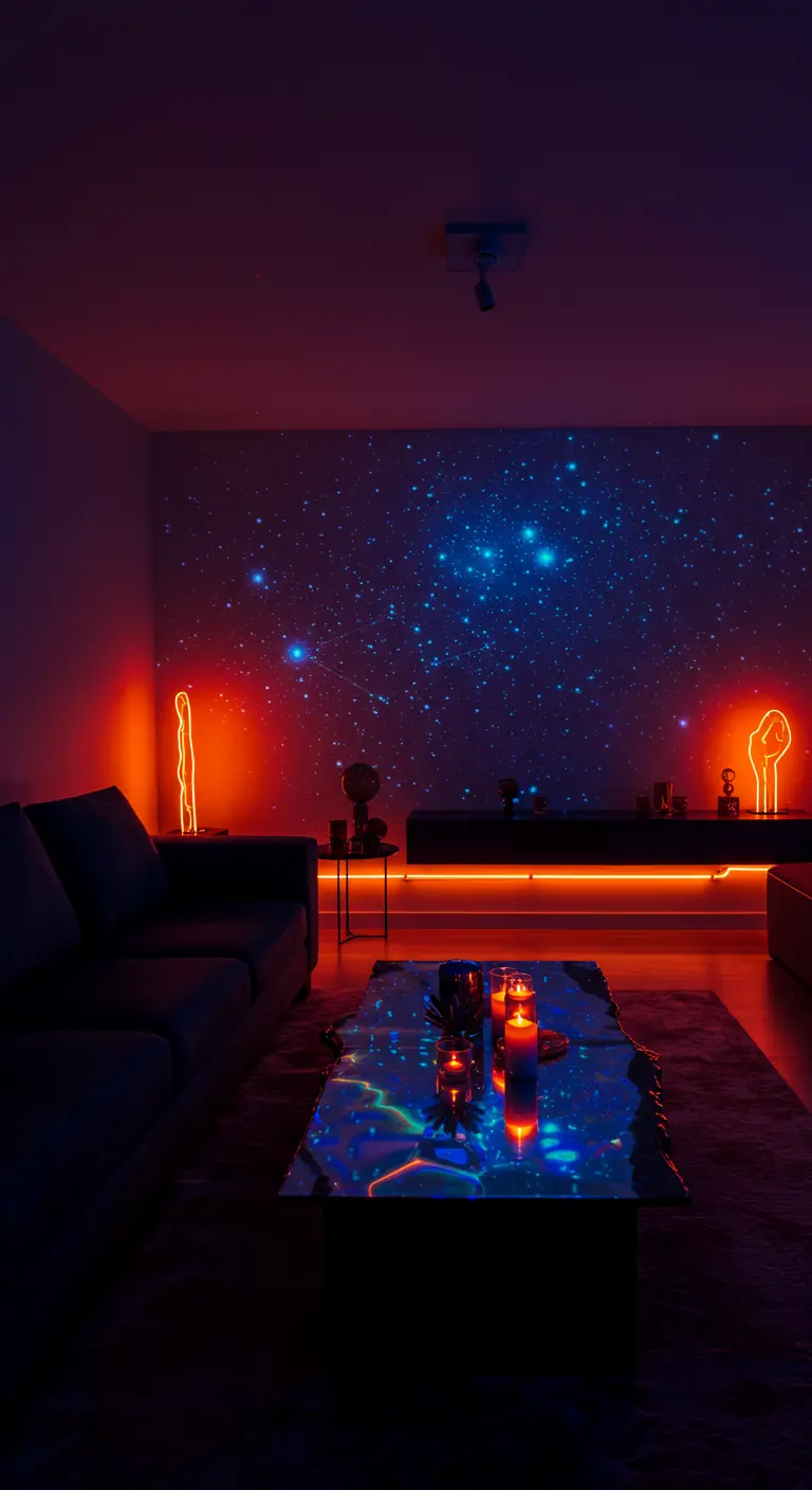 A dark living room with a galaxy projection on the wall and an iridescent coffee table.