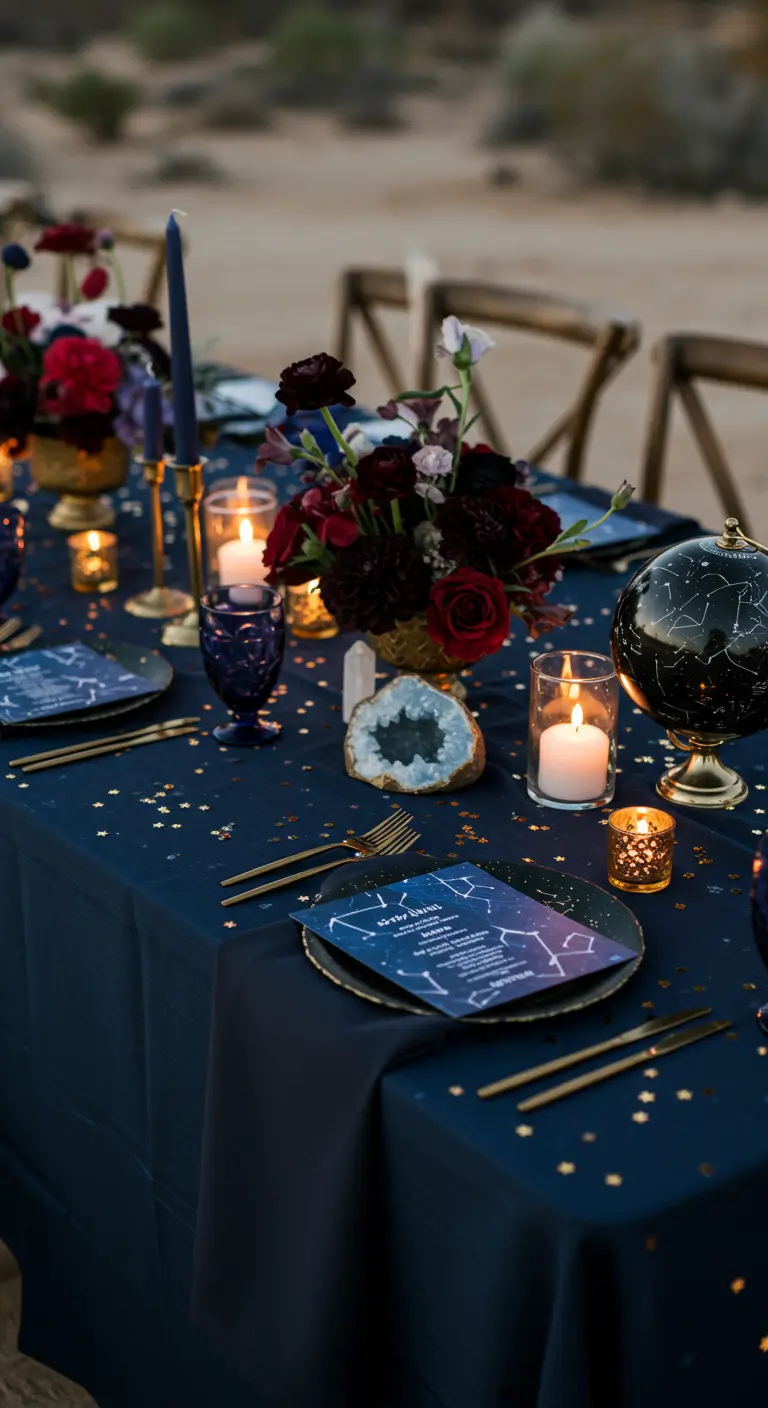 A celestial-themed tablescape with navy linen, gold stars, and a globe.