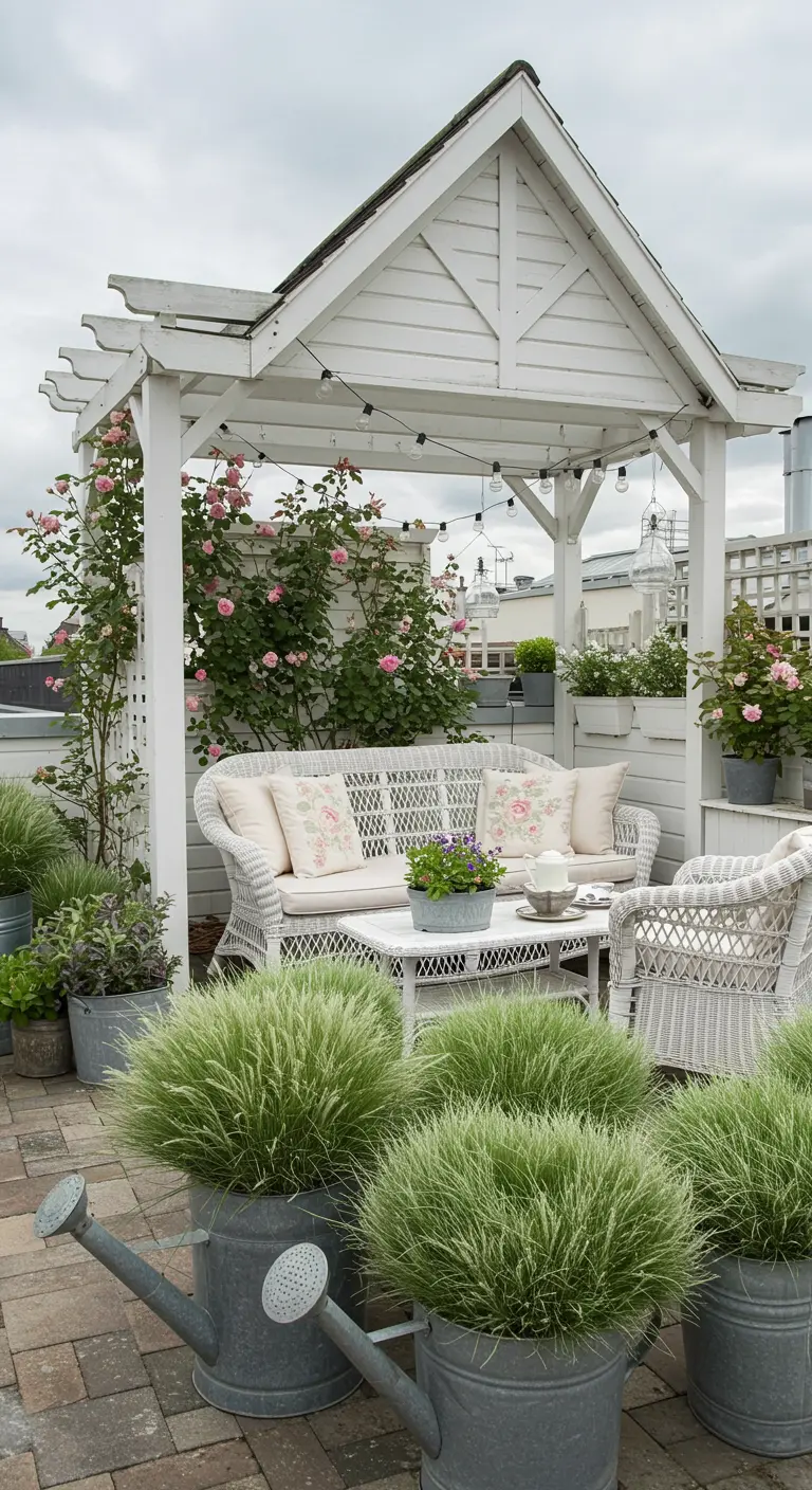 A charming rooftop garden with a white pergola, wicker furniture, and climbing pink roses.