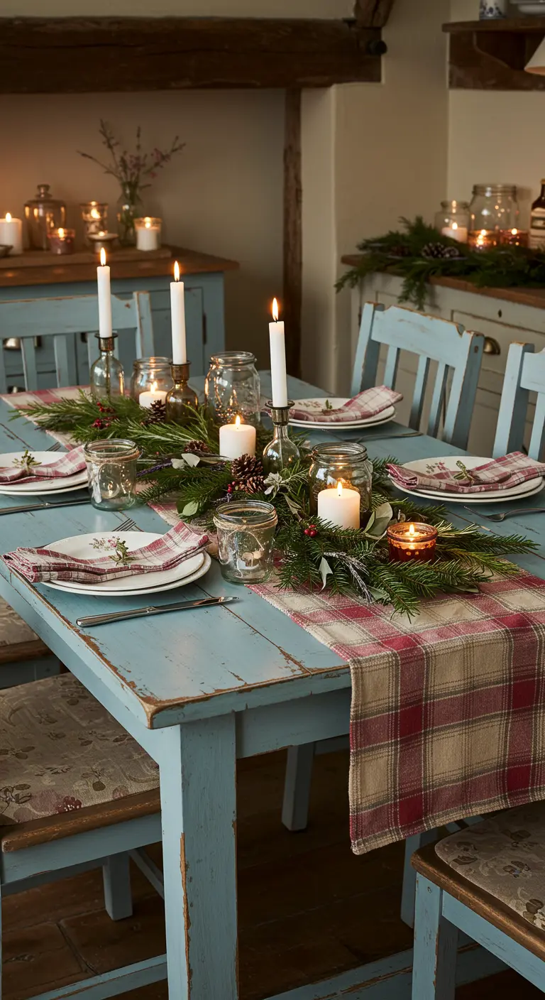 Distressed blue table with a plaid runner, evergreen garland, and candles in mason jars.