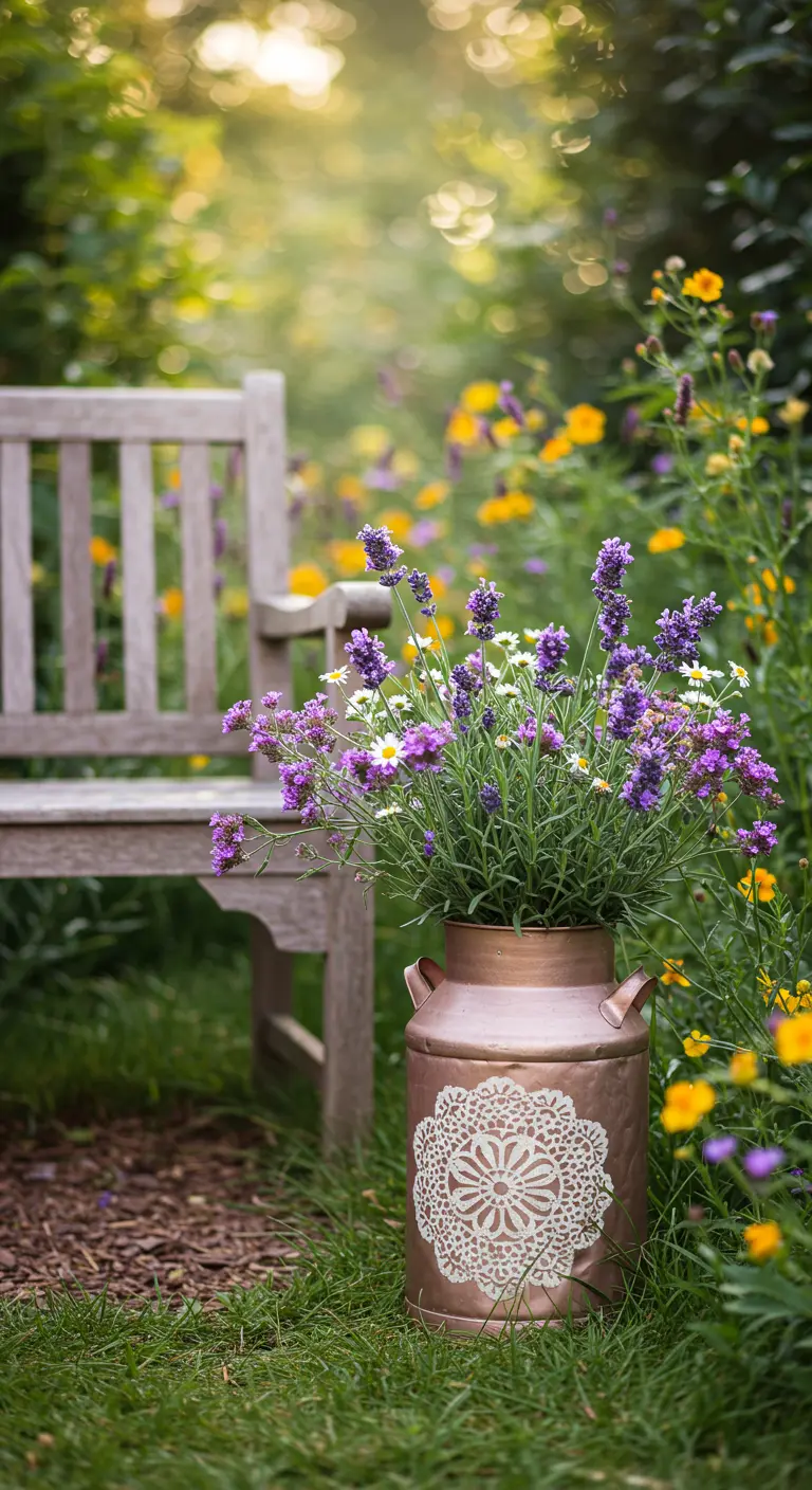 A copper milk can with a lace stencil sits in a garden, filled with lavender and wildflowers.