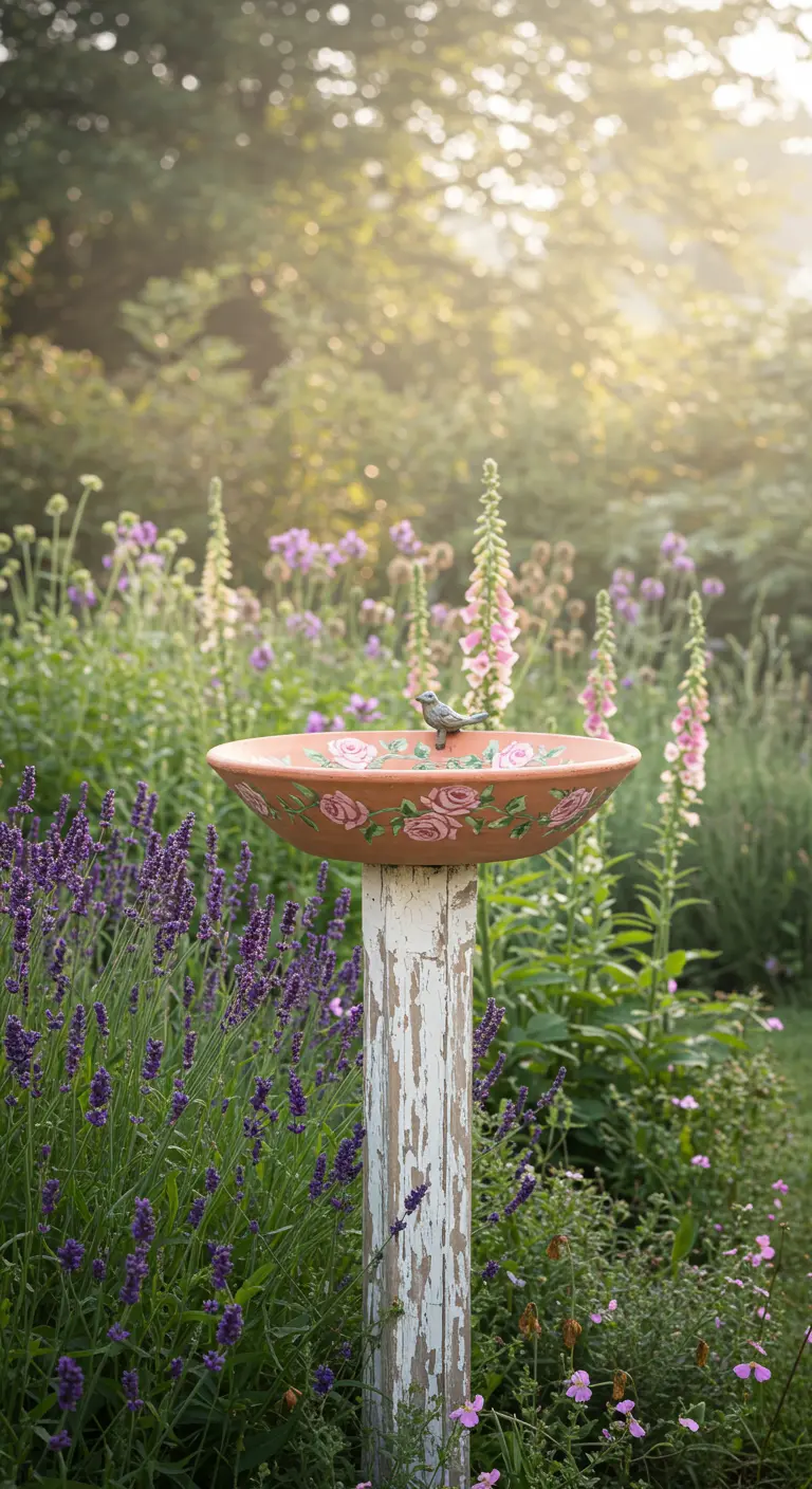 Birdbath with painted pink roses on a distressed white post, set in a lavender field.