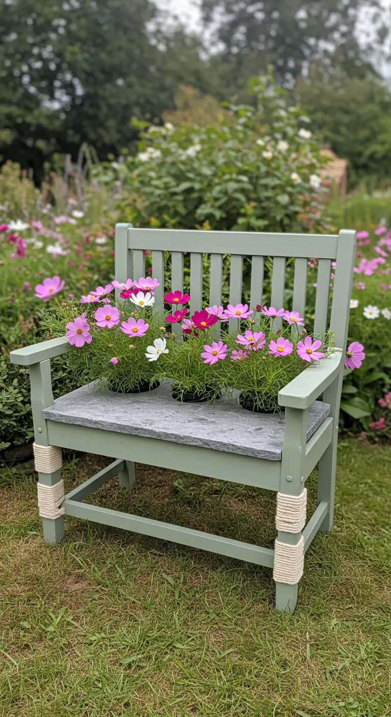 A sage green garden bench with rope-wrapped legs, holding pots of pink and white cosmos.