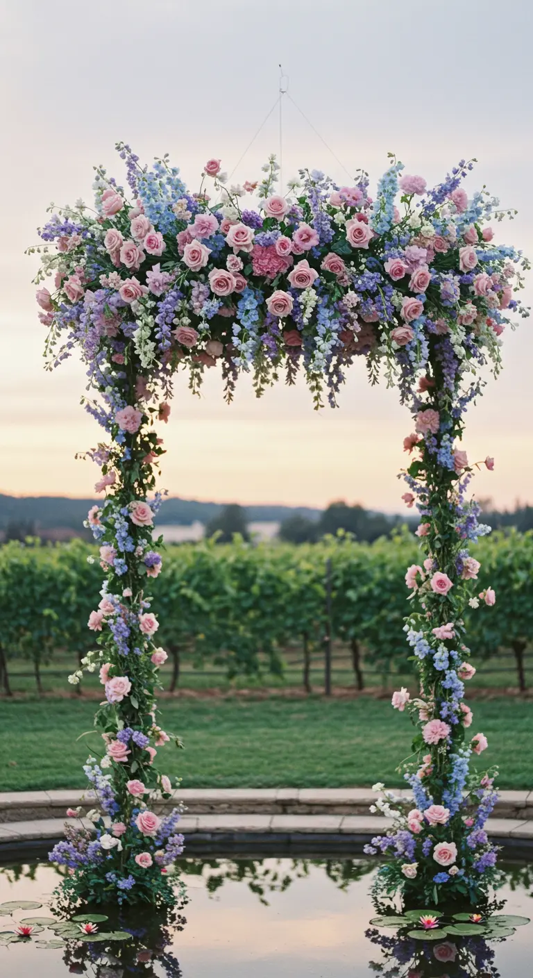 A lush wedding arch covered in pink, purple, and blue flowers, reflected in the water below.