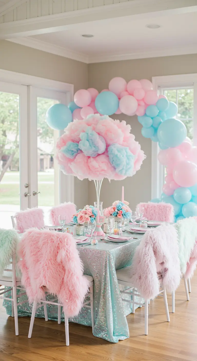 A brunch table with a sequin tablecloth, fluffy chair covers, and a cotton candy-like centerpiece.
