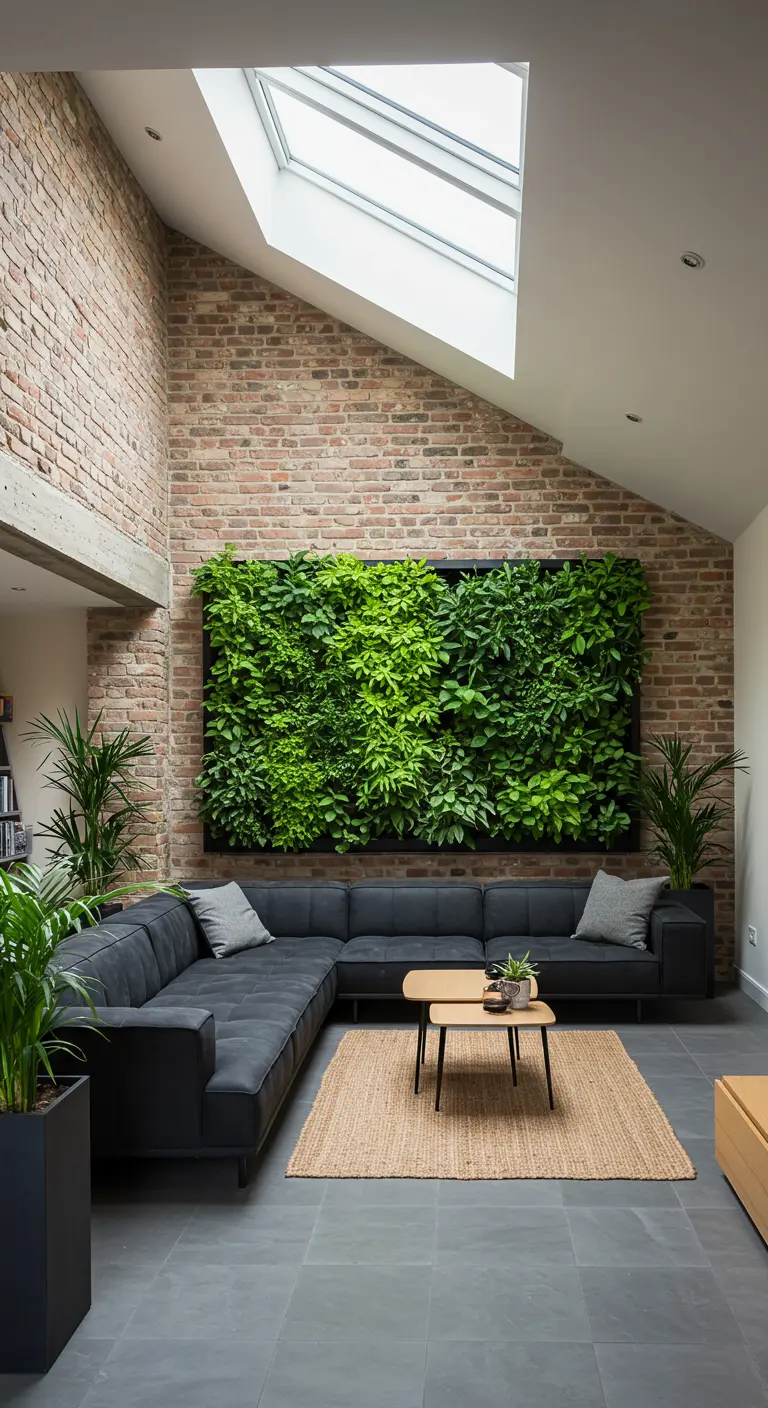 A large, framed living wall of green plants mounted on an exposed brick wall above a sofa.