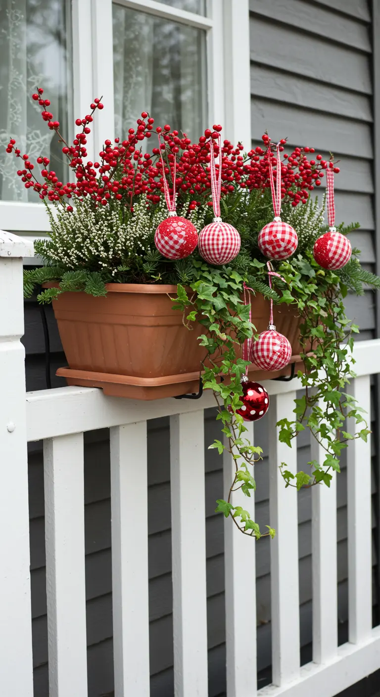 A window box with red berries, white heather, and red-and-white gingham baubles.