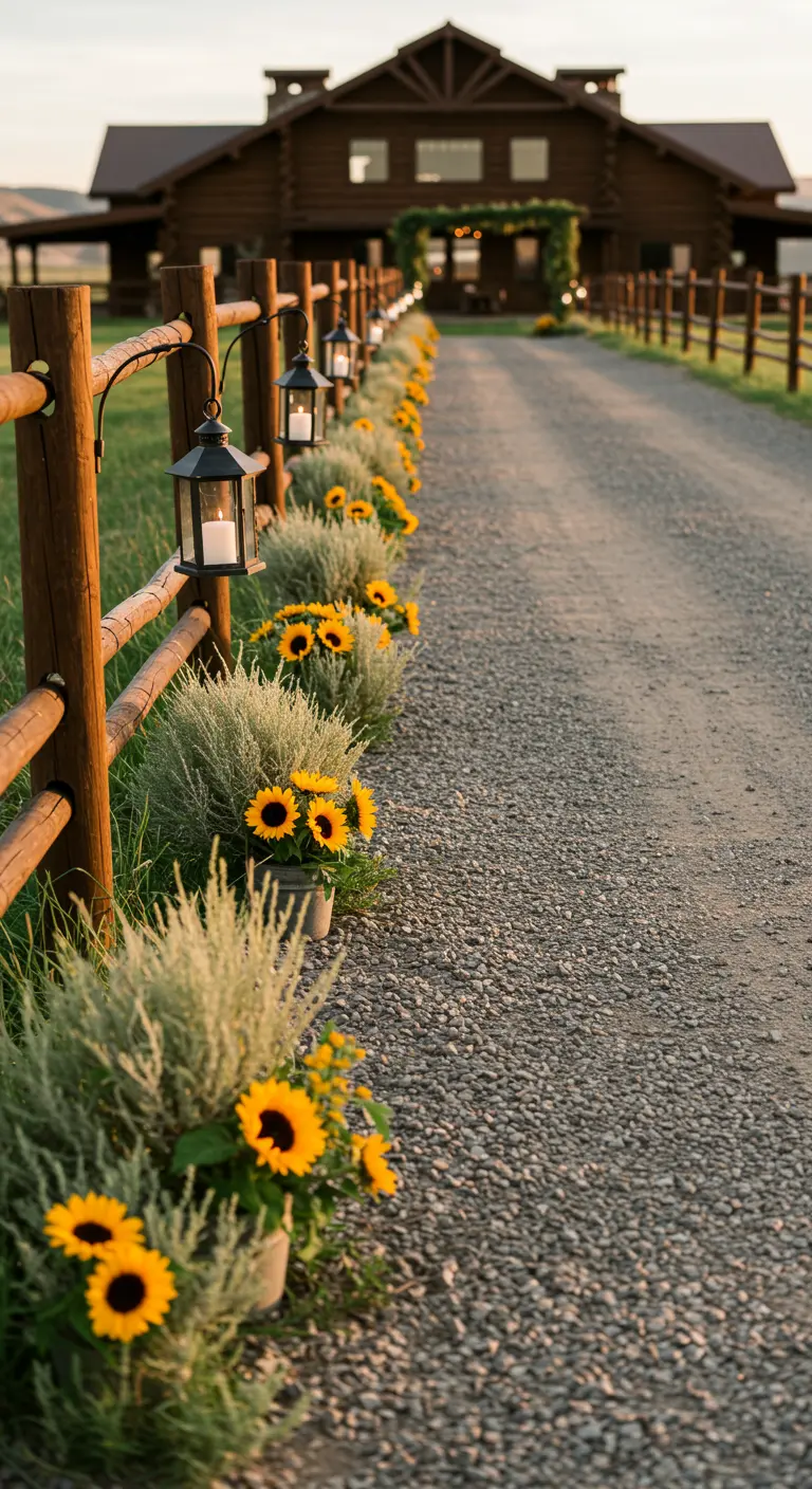 A gravel path by a rustic fence with hanging lanterns and sunflowers.