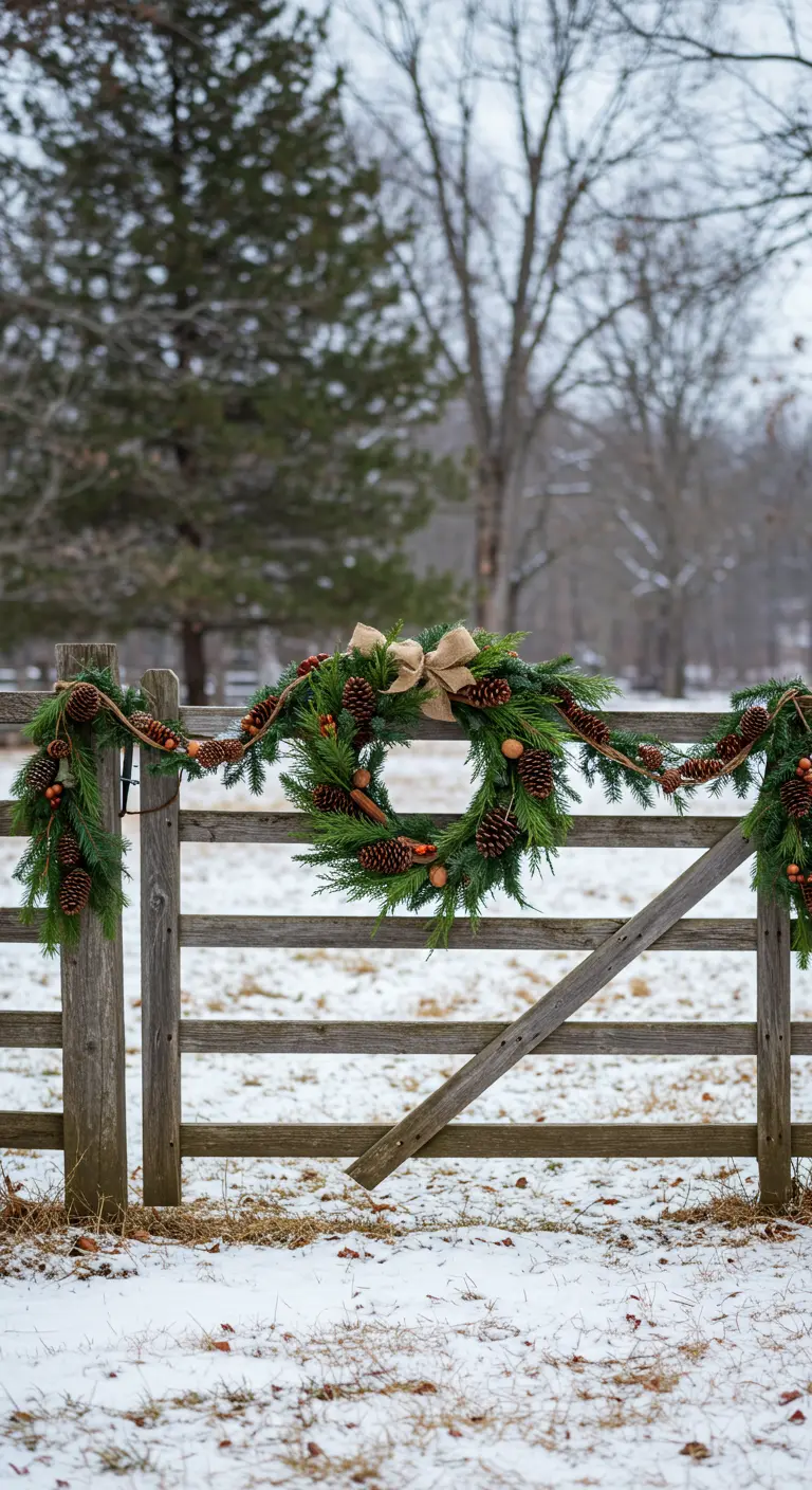 An evergreen wreath and garland with a burlap bow draped across a rustic wooden farm fence in snow.