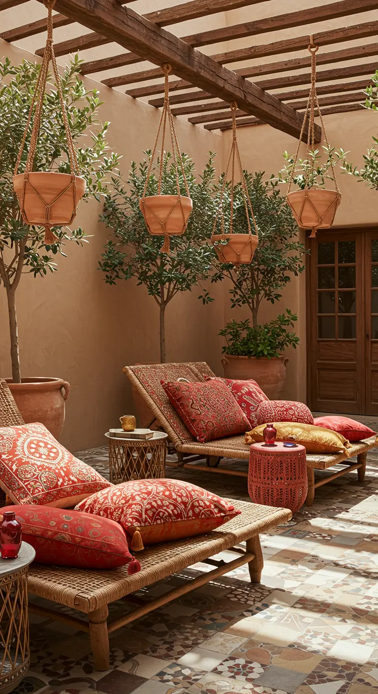 Rattan loungers with red patterned pillows on a tiled Mediterranean patio.