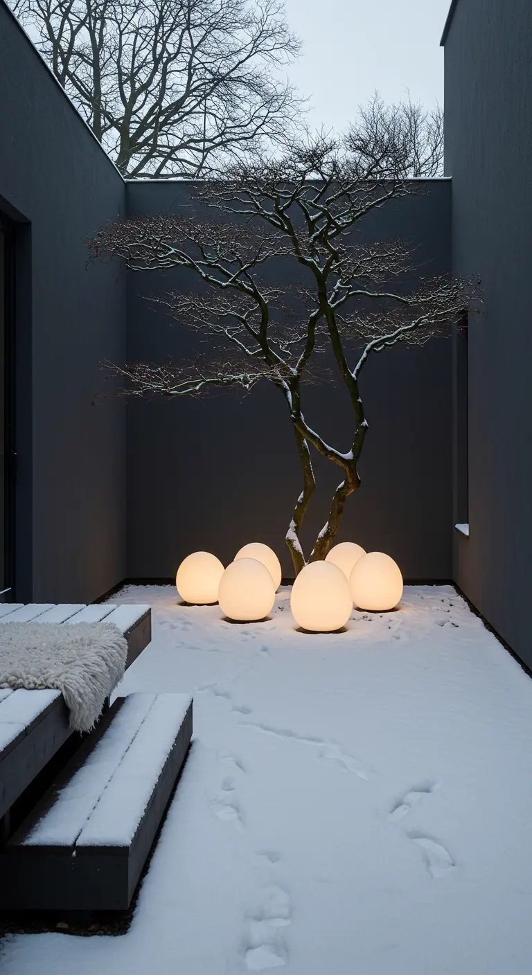 A minimalist snowy courtyard with a bare tree, its base surrounded by glowing orbs.