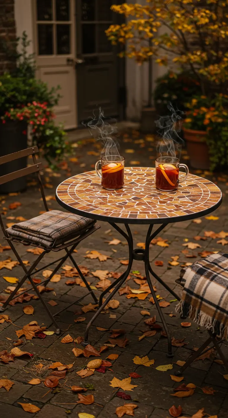 Mosaic bistro table on a patio with fallen leaves, serving steaming mugs of mulled wine.