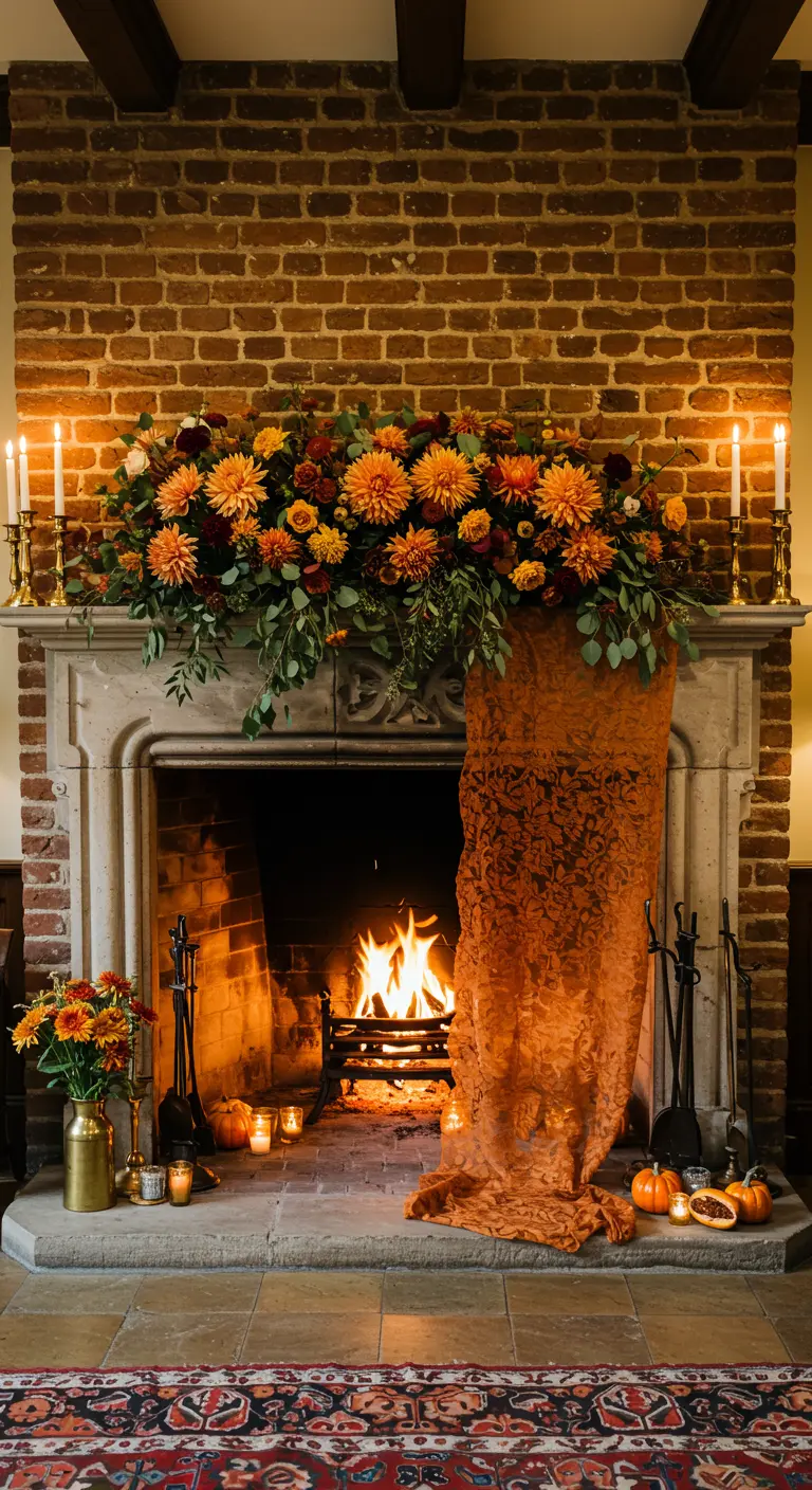 A fireplace decorated for autumn with orange flowers, a lace runner, and a lit fire.