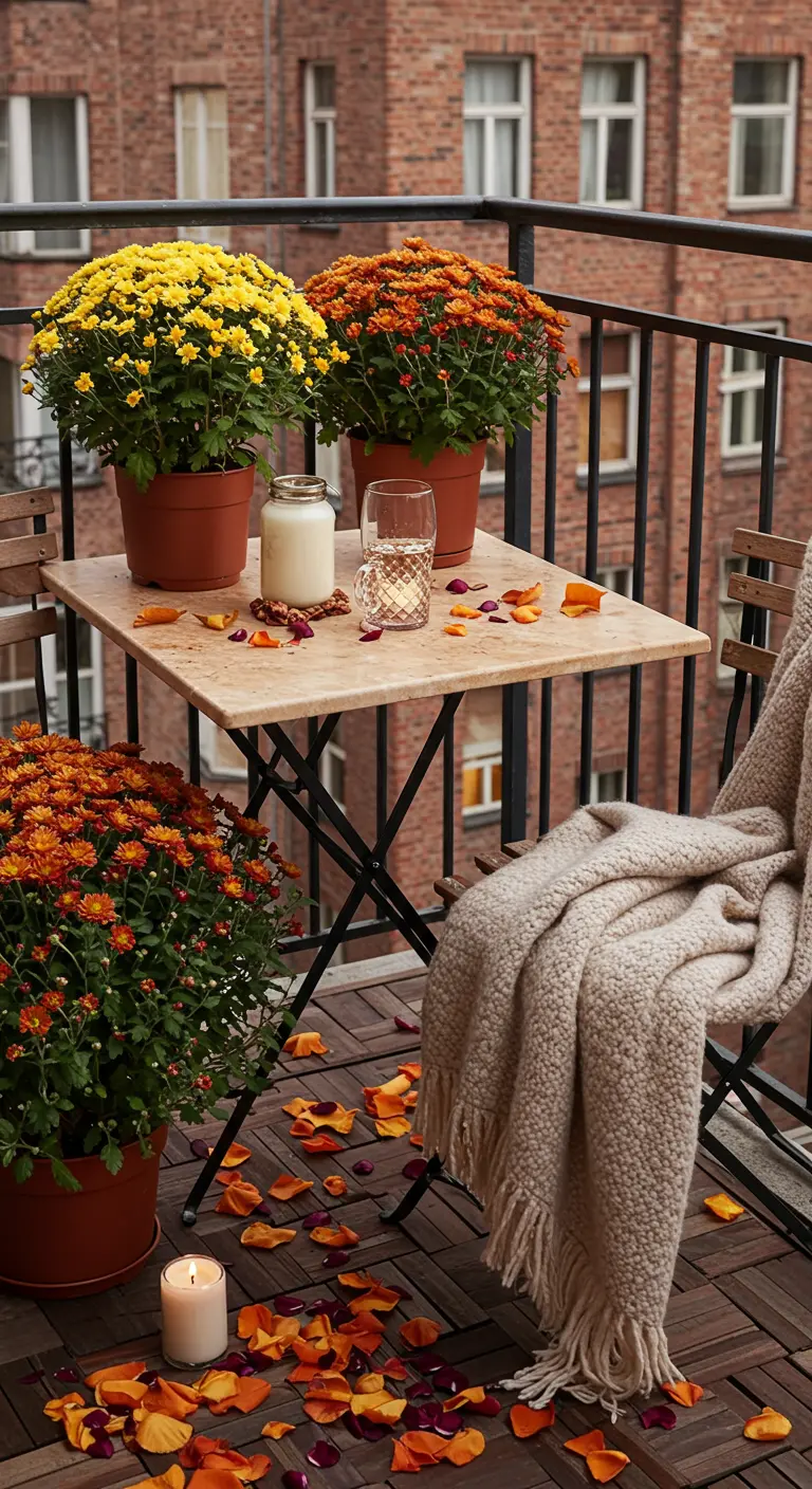 A beige marble table on a balcony in autumn with potted chrysanthemums and a cozy blanket.
