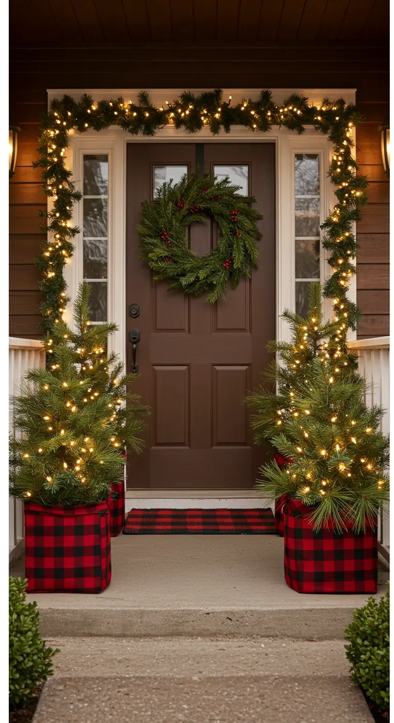 Front porch with planters wrapped in red and black buffalo check fabric, containing small lit trees.