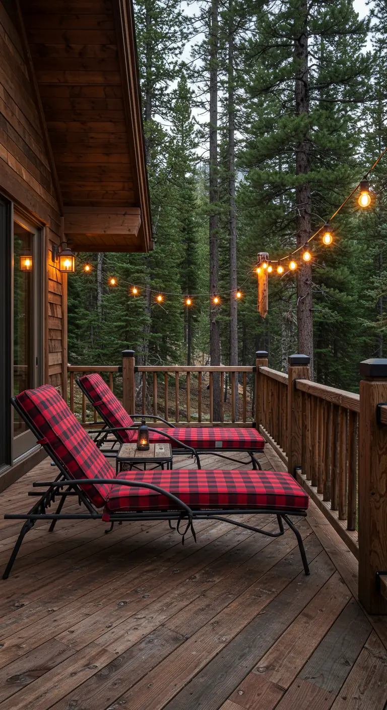 Two sunbeds with red buffalo plaid cushions on a rustic cabin deck with string lights.