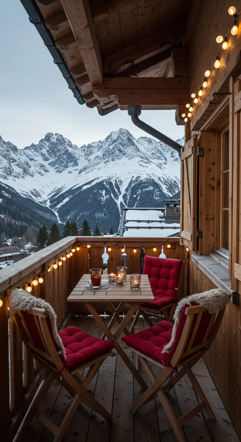 A wooden chalet balcony with a bistro set, red cushions, and a view of snowy mountains.