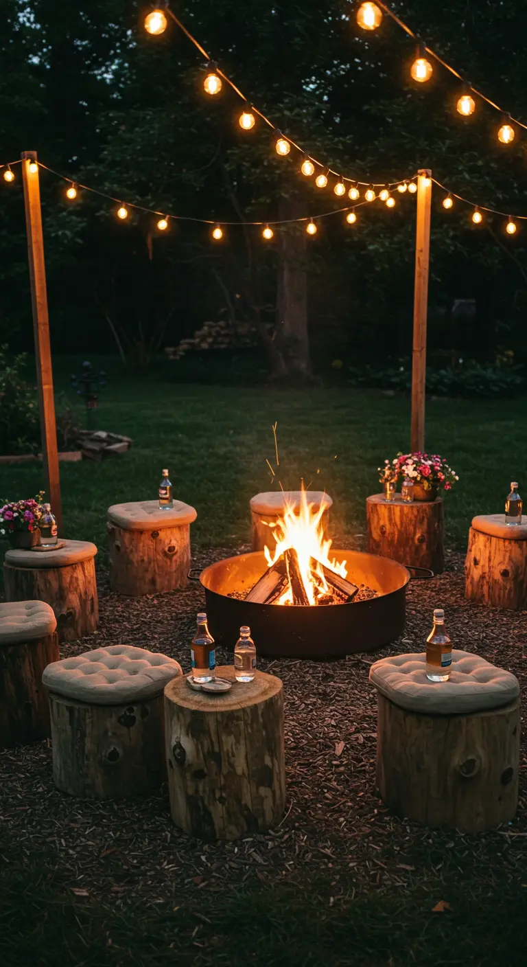 Log stumps with cushions arranged as seating around a campfire at night.
