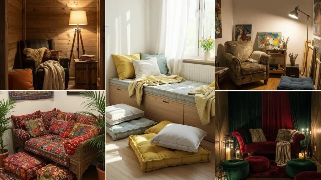 Cozy corners in small rentals with soft lighting, plush throws, and floor cushions for inviting spaces.