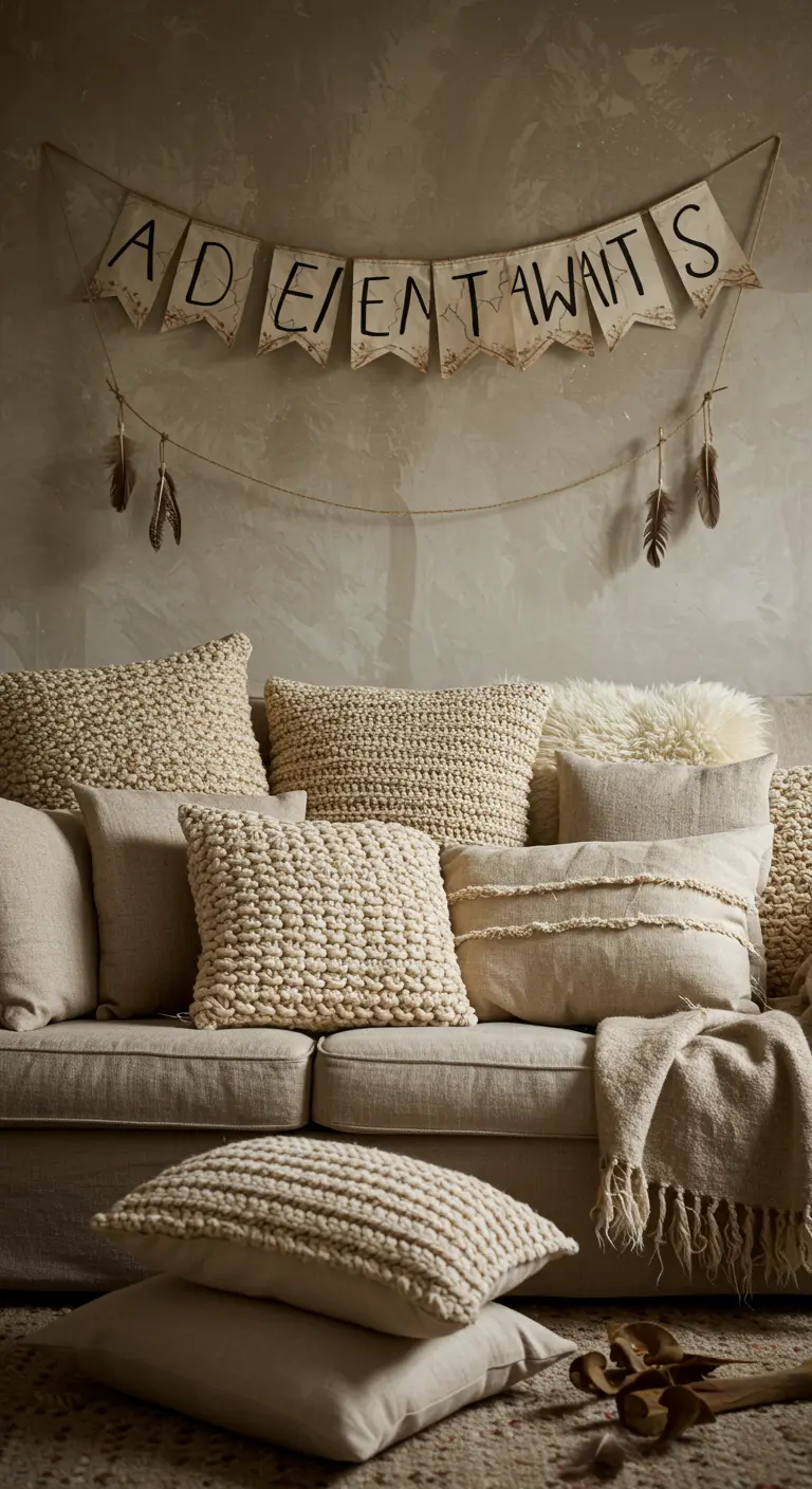 A cozy couch piled with textured pillows, with a handmade 