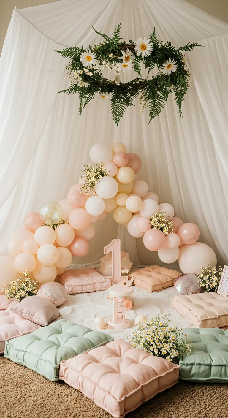 A cozy party fort made of white drapes, with a daisy wreath, pastel cushions, and a small balloon arch.