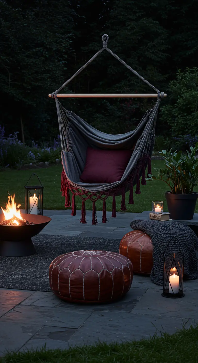 A dark grey hammock chair next to a crackling fire pit on a stone patio at night.