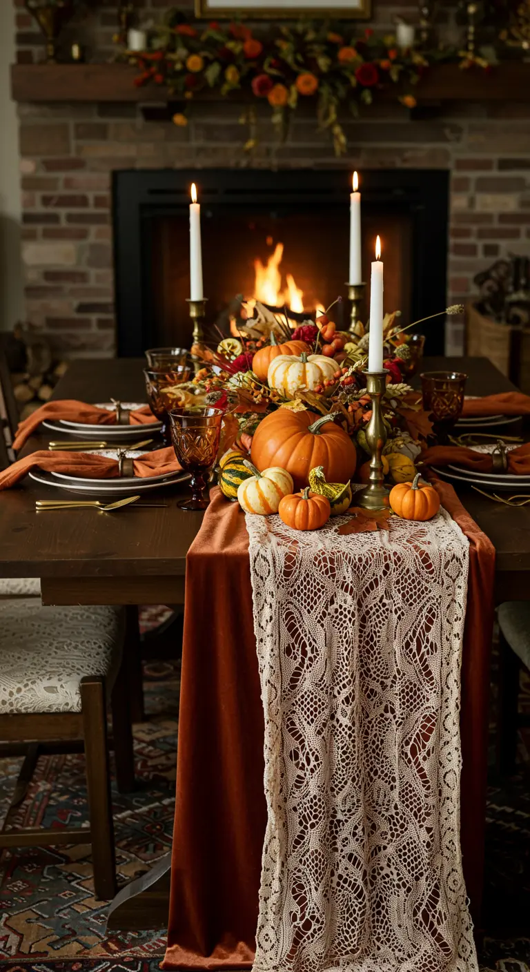 Autumn tablescape with pumpkins, a velvet runner, and candles by a fire.