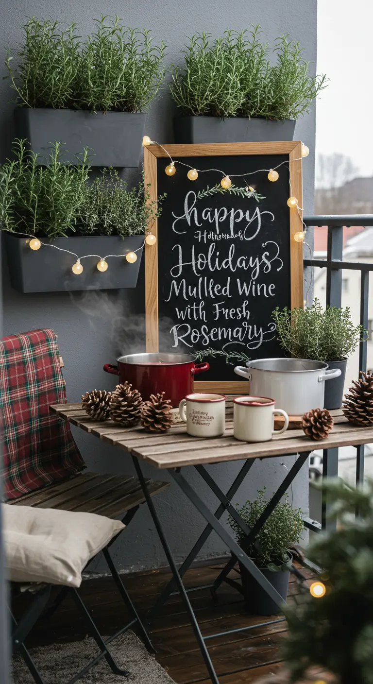 A festive winter balcony with rosemary planters, mulled wine, and plaid blankets.