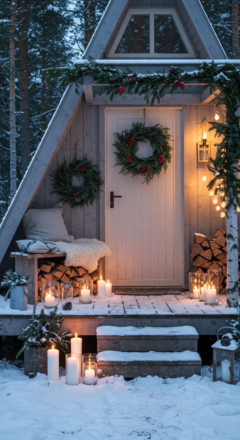 Snowy Scandinavian-style porch with wreaths, candles, and a sheepskin throw.