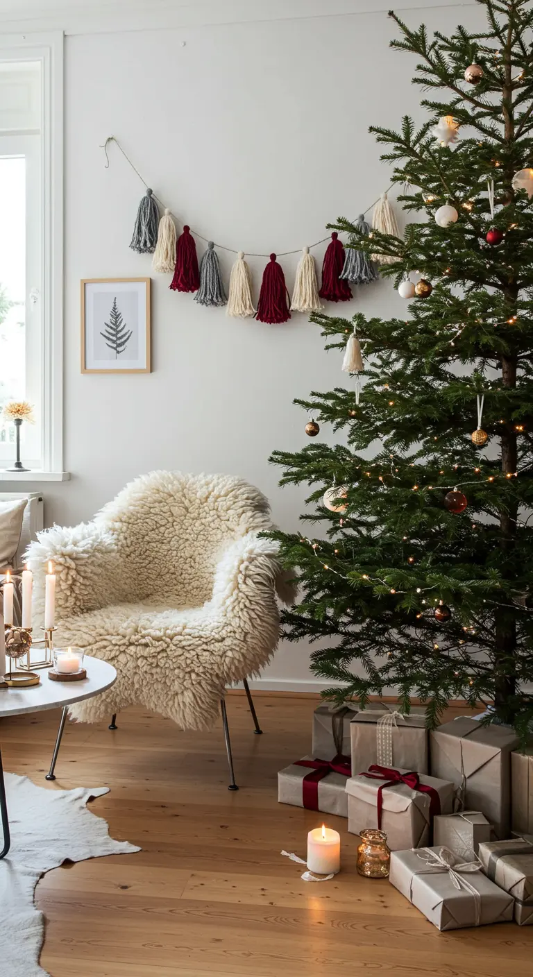 A Christmas tree next to a cozy chair, with a red, gray, and cream tassel garland on the wall.