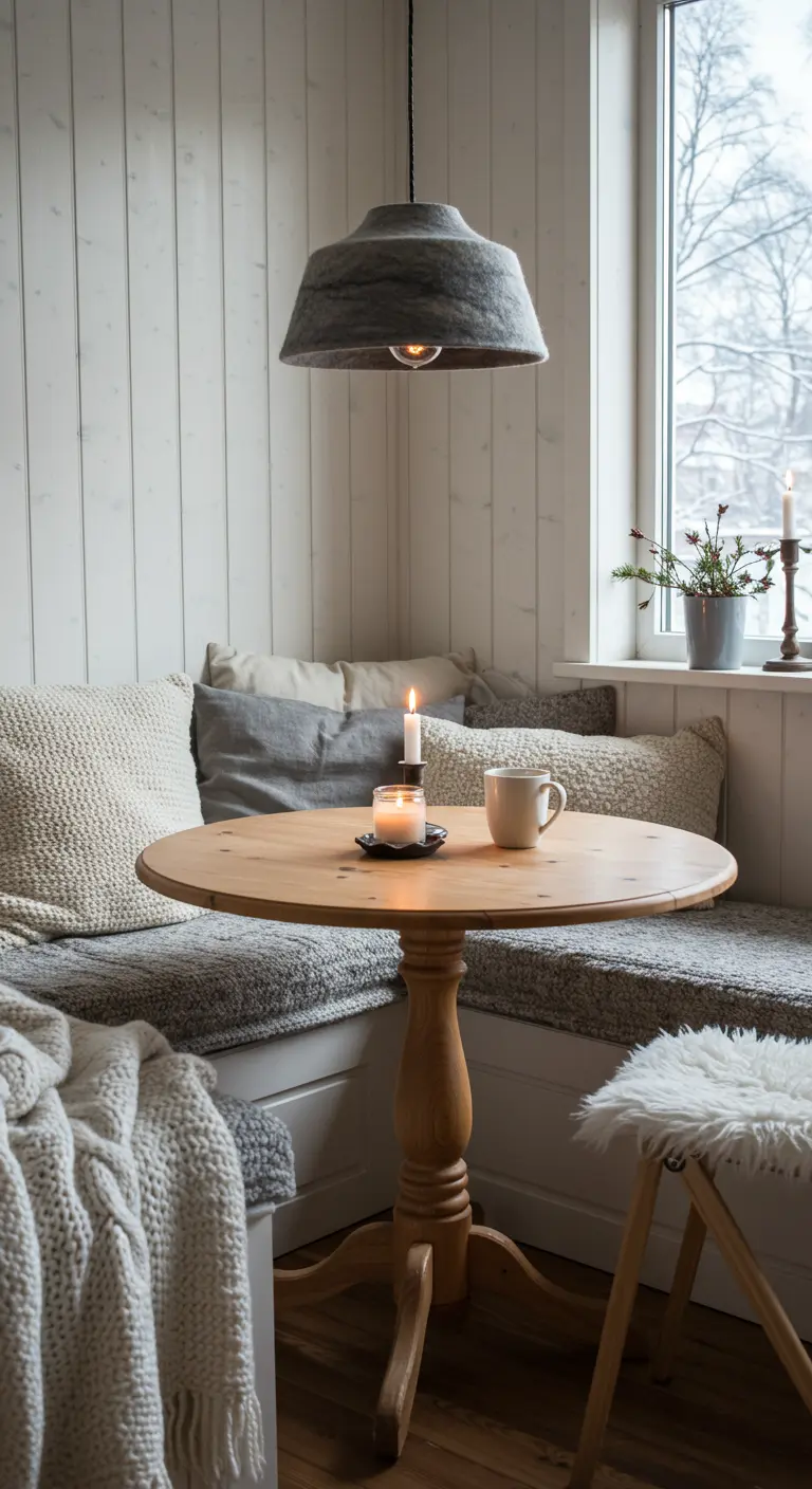 A cozy, hygge dining nook with textured pillows, knit throws, and candlelight.