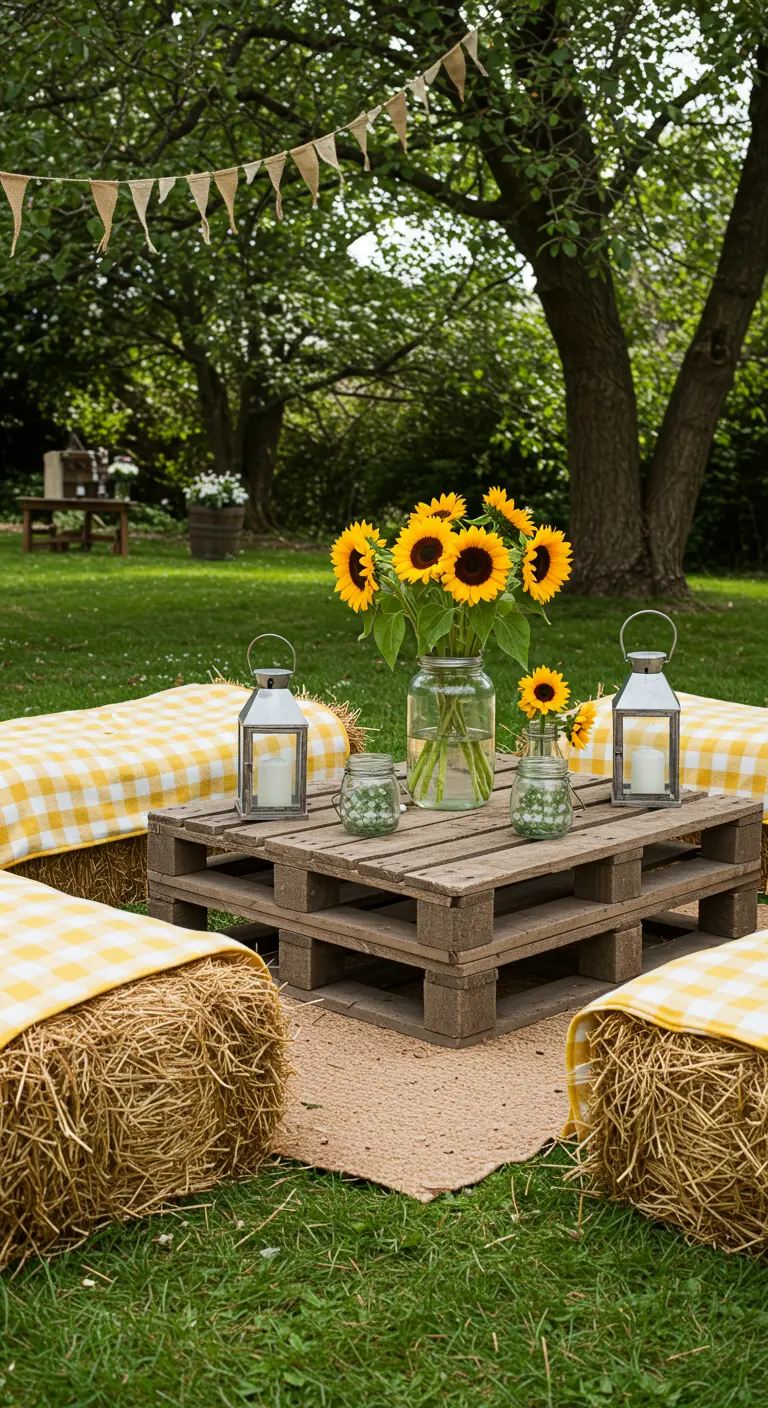 A casual seating area made of hay bales with gingham cushions and a pallet coffee table.