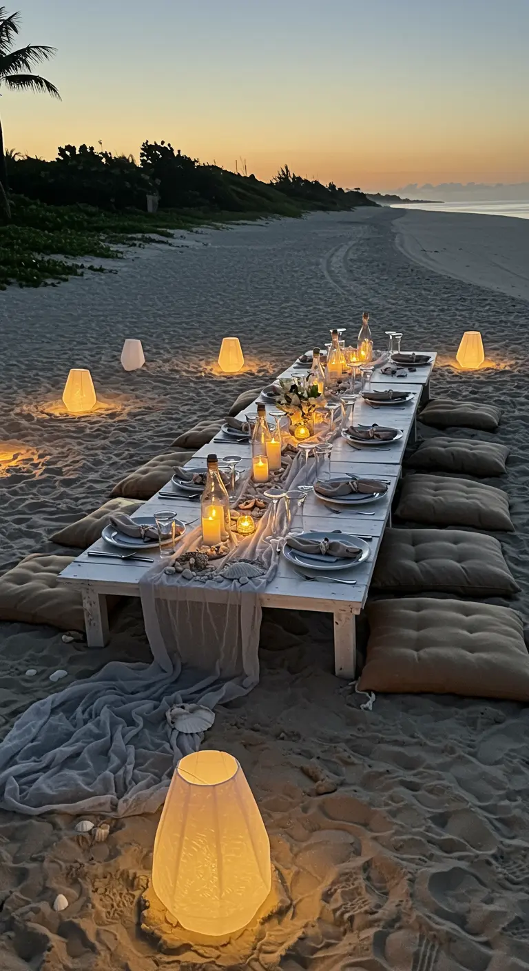 A low white table on a sandy beach at sunset, surrounded by cushions and lanterns.