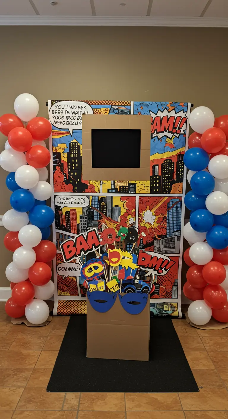 DIY comic book photo booth with a backdrop and fun props.