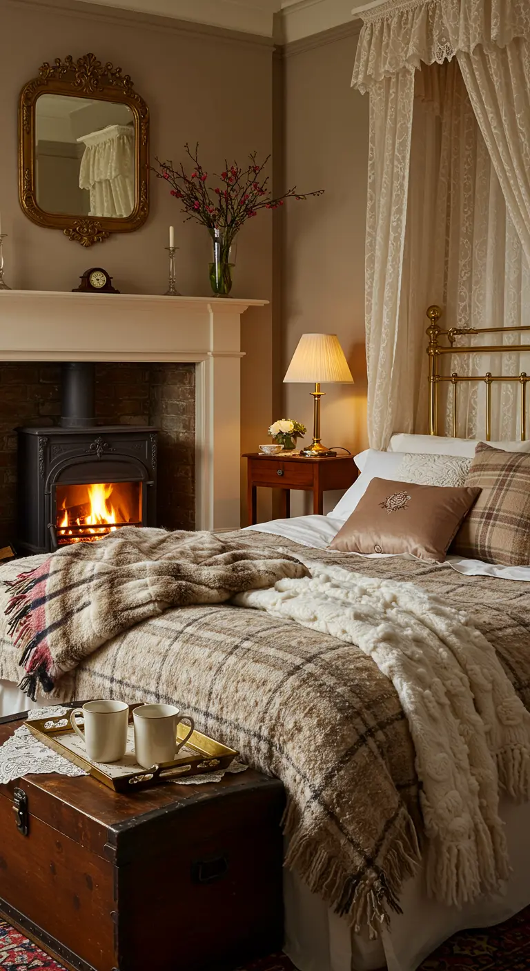 Cozy bedroom with a wood stove, plaid blankets on a brass bed, and a lace canopy.