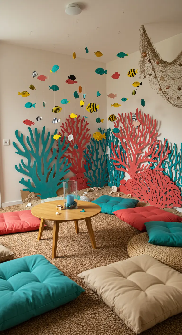 A cozy party corner with large cardboard coral cutouts, colorful floor cushions, and paper fish.