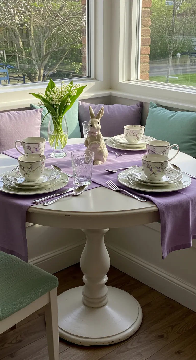 Easter-themed breakfast nook with lavender placemats and colorful pillows.