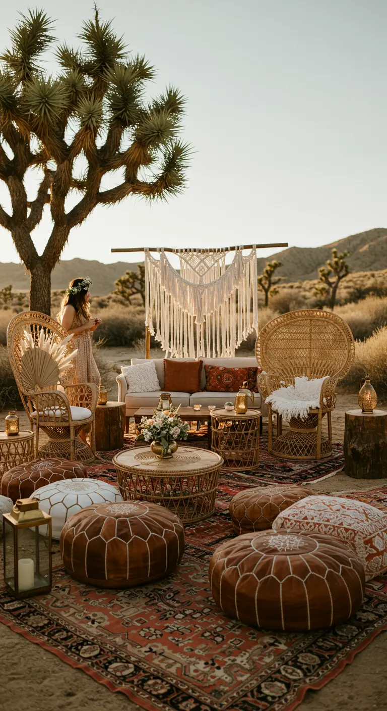 A boho desert lounge area with macrame, wicker chairs, and leather poufs.
