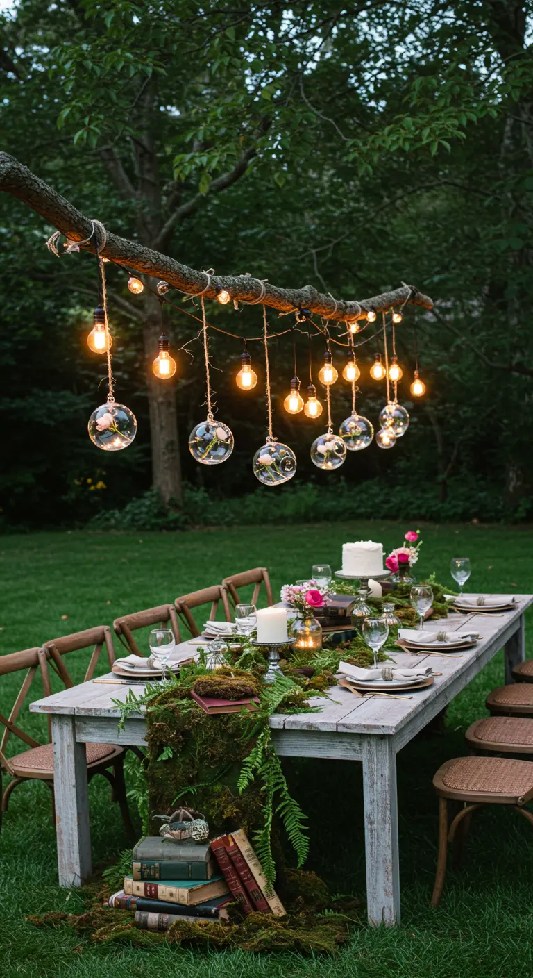 An outdoor dinner table under a tree branch adorned with hanging lights and terrariums.