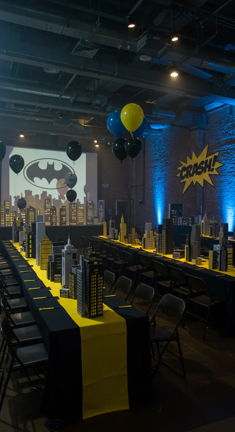 Batman-themed party with city centerpieces and a Bat-signal projection.