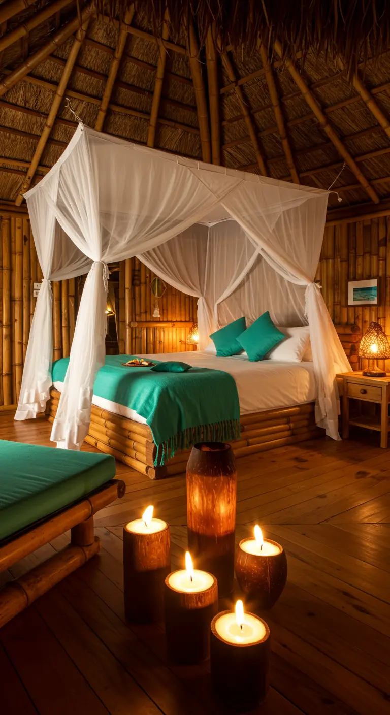 Tropical bamboo hut bedroom with a mosquito net canopy and teal accents.