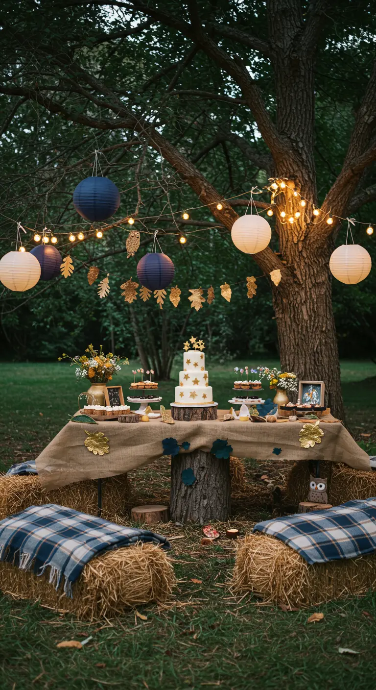 Outdoor woodland party dessert table with hay bale seats and paper lanterns.
