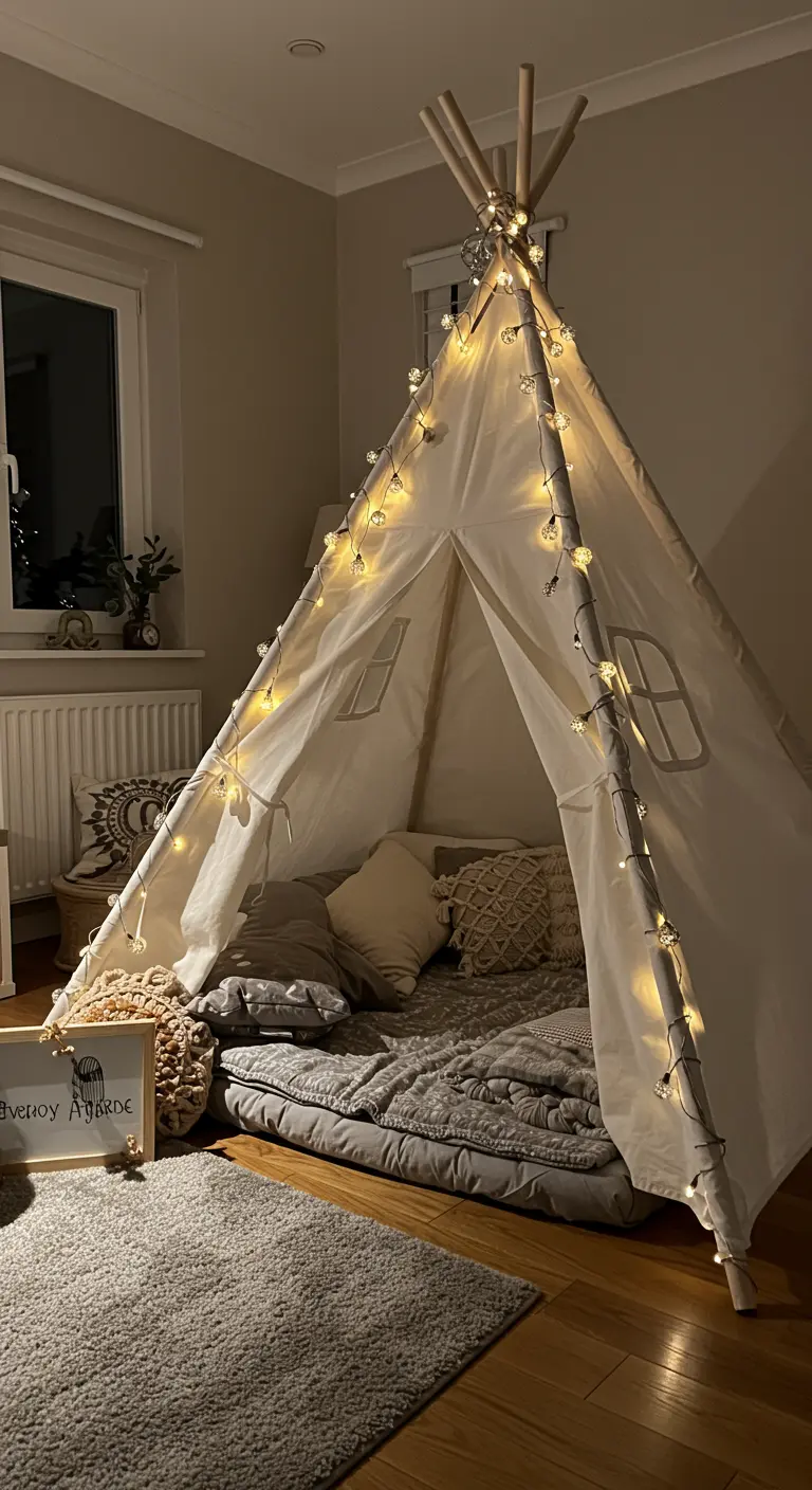 A child's canvas teepee decorated with star-shaped string lights and filled with pillows.