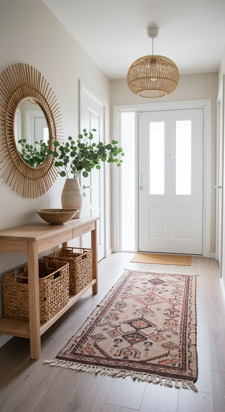 Bright entryway with a long patterned runner, wood console table, and rattan mirror.