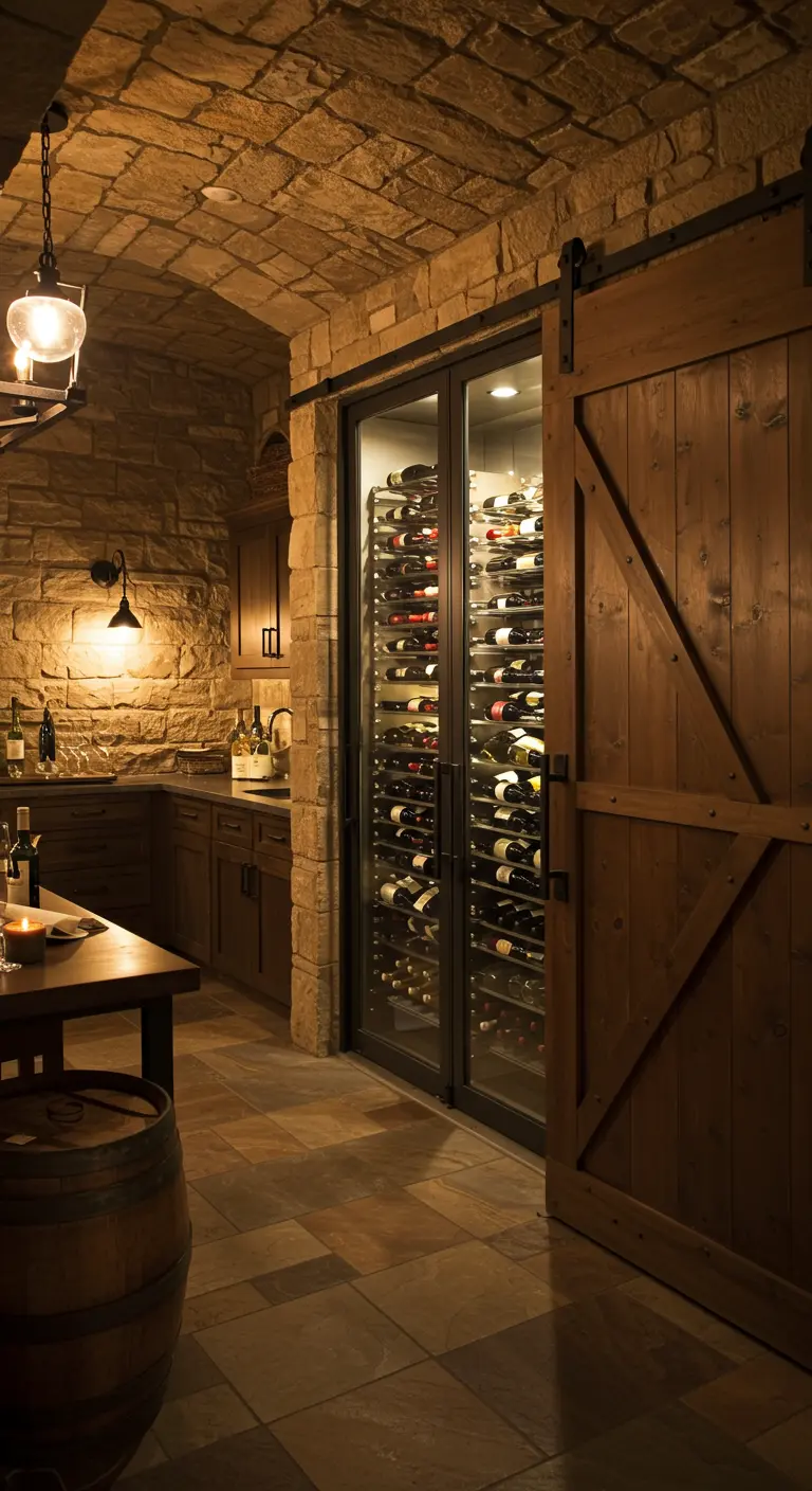 A rustic wine cellar with rough stone walls, an arched ceiling, and a dark wood barn door.