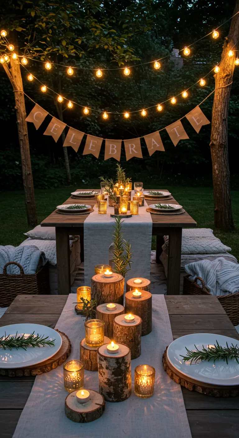 Outdoor dining table at dusk with a 'CELEBRATE' burlap banner and wood log candle holders.